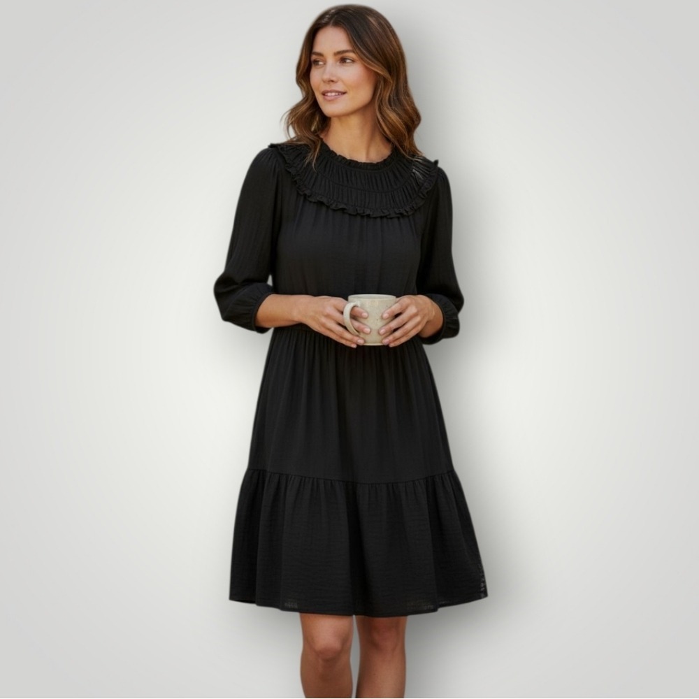 Ann Taylor Black Ruffle Tiered Midi Dress Womens XL‎ Long Sleeve Keyhole Neck